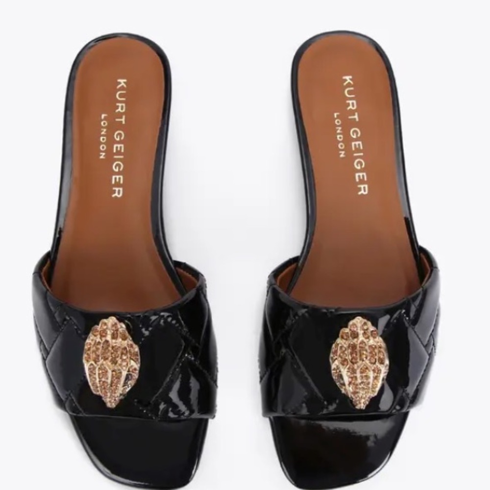 Kurt Geiger Women's Kensington Black Flat Sandal Quilted Sz 39 (8.5) PatentLeath